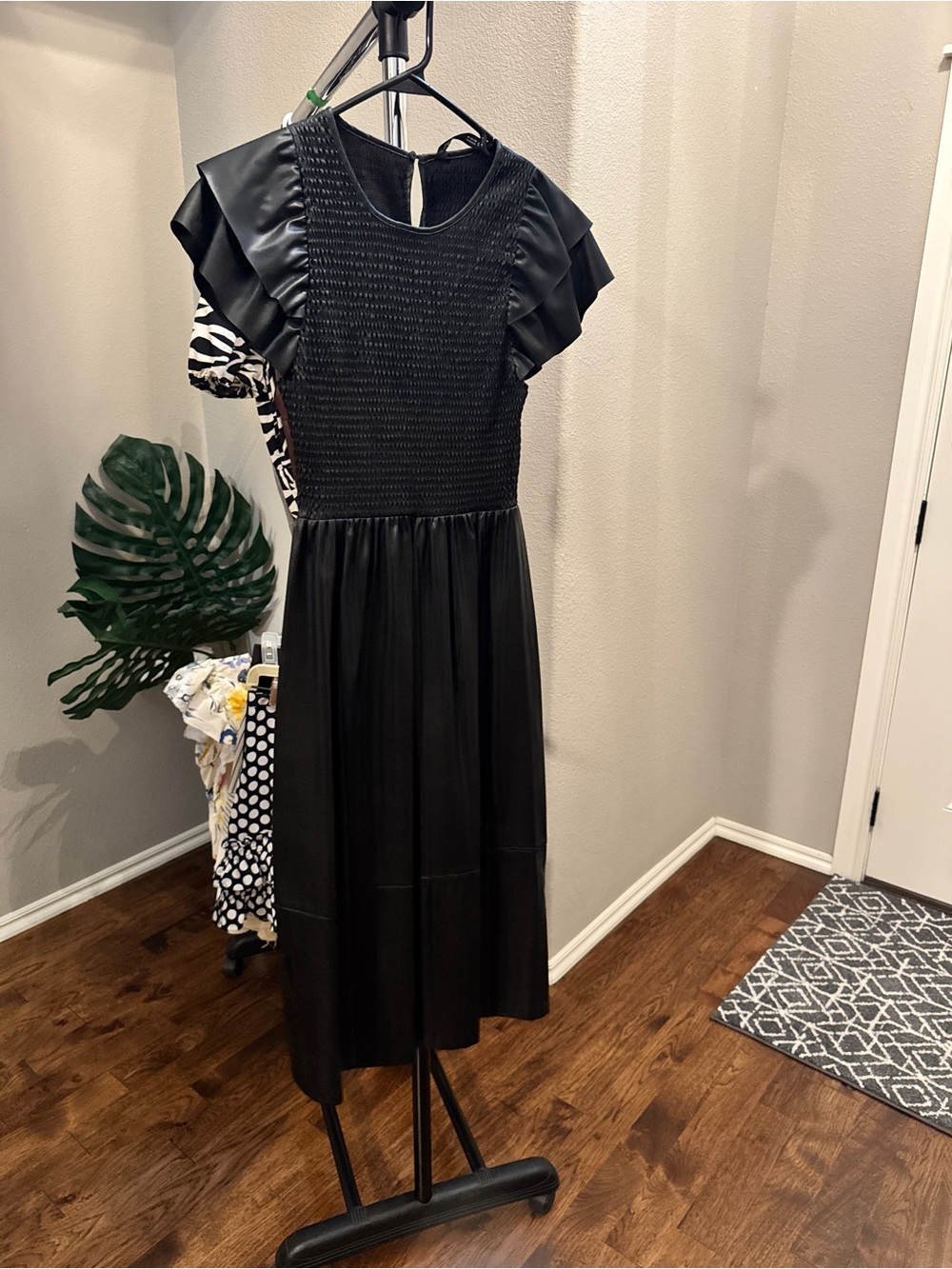 Zara- Black vegan leather Maxi Dress with Ruffle Sleeve